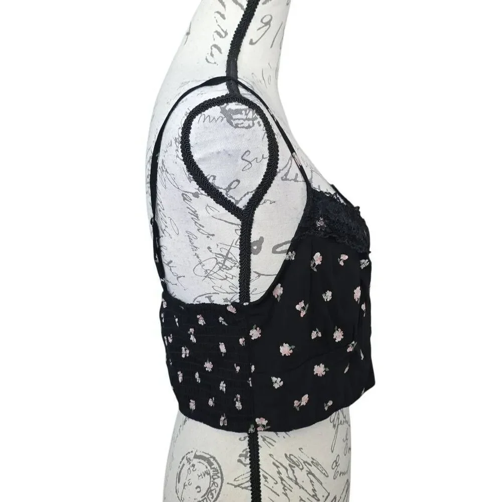 Aeropostale Women's Size XL Black Pink Floral Print Cami Lace Edge Crop Top